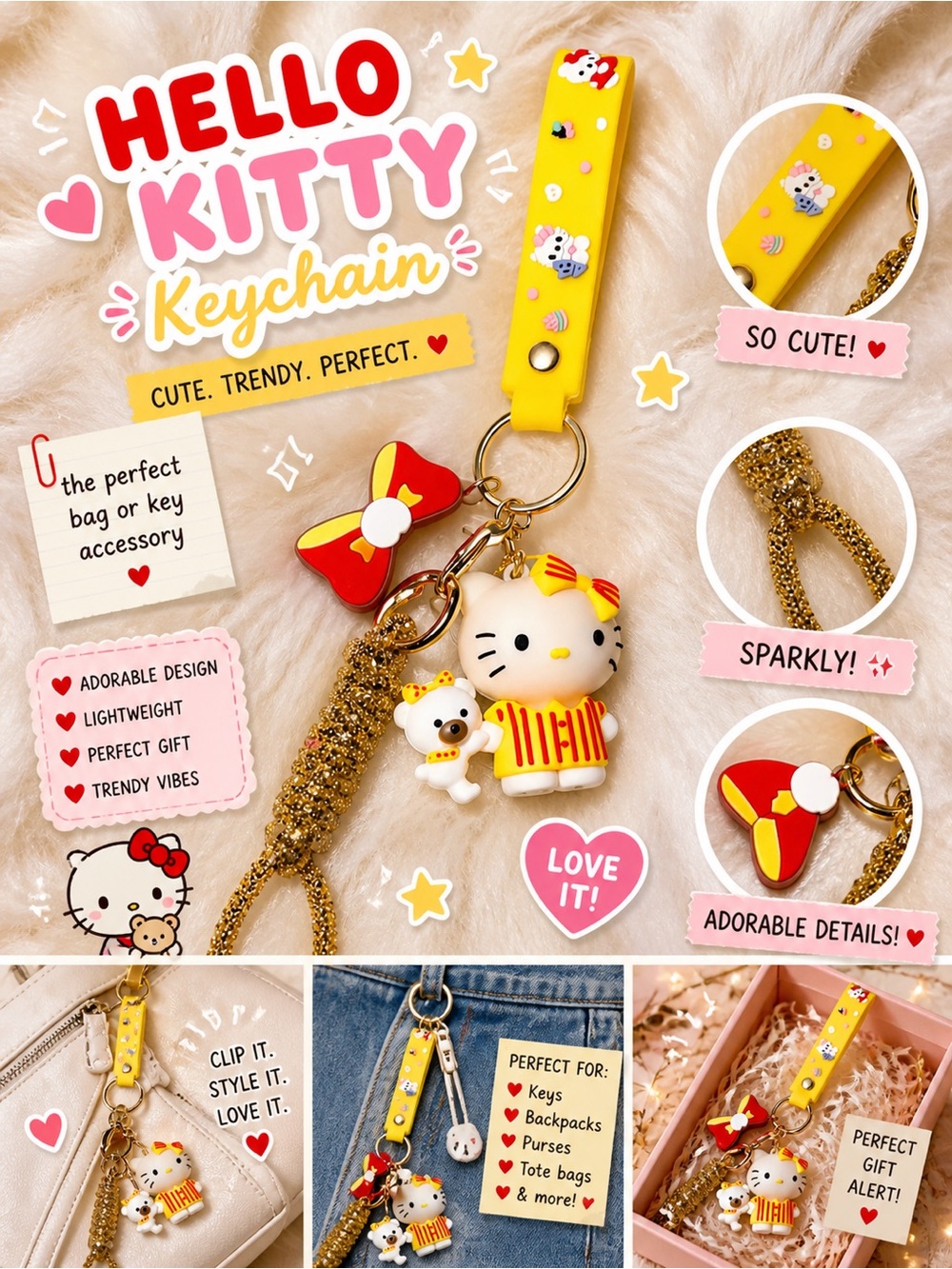 Hello Kitty Keychain Yellow Strap Kawaii Bag Charm Gift Gold Hardware Wristlet